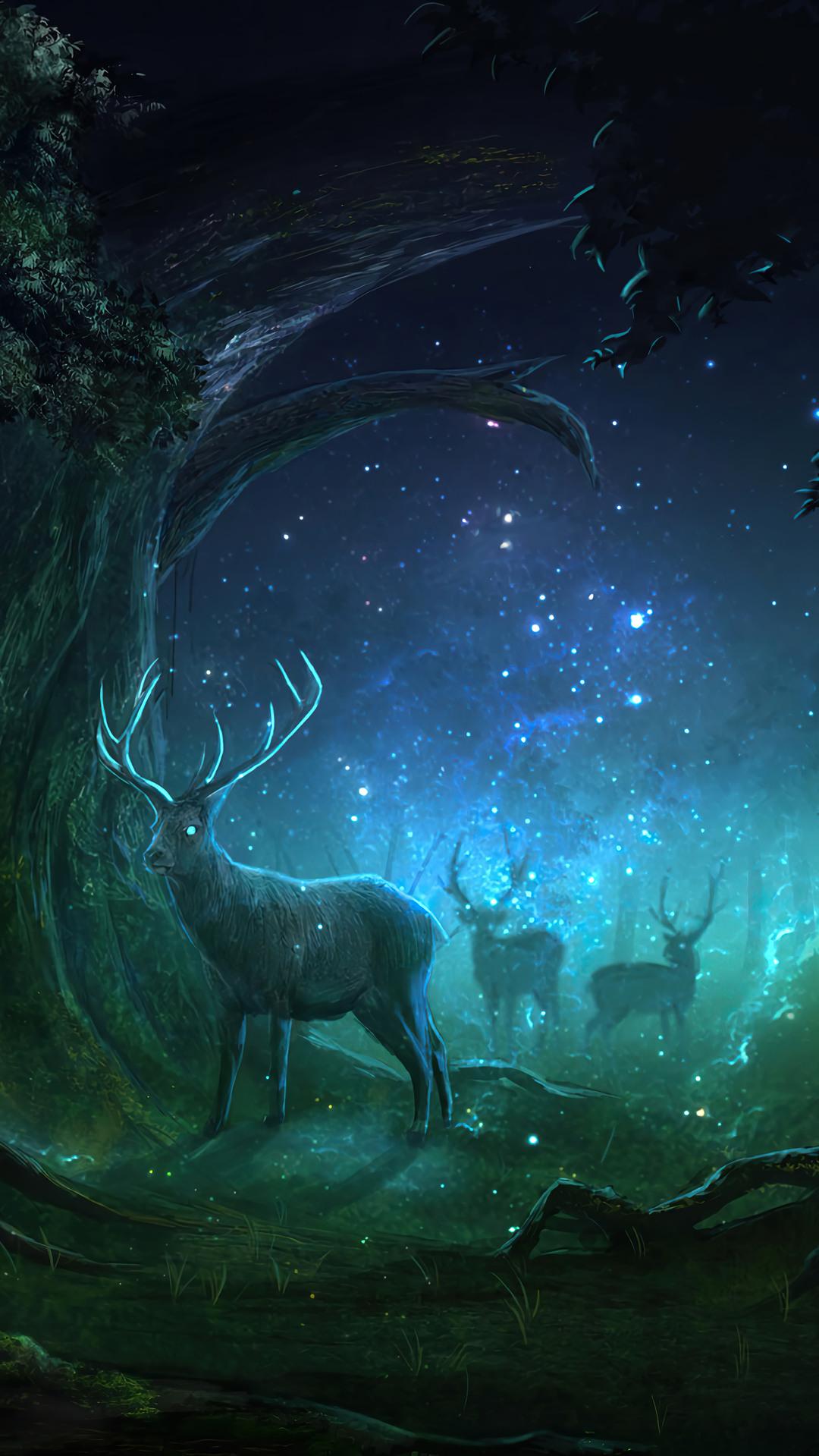 Fantasy Night Deer Forest HD 4k Wallpaper