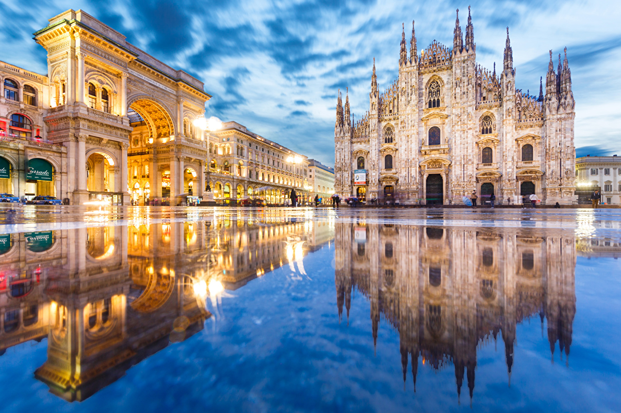 Wallpaper Italy Arch Town Square Duomo Milan Street Puddle
