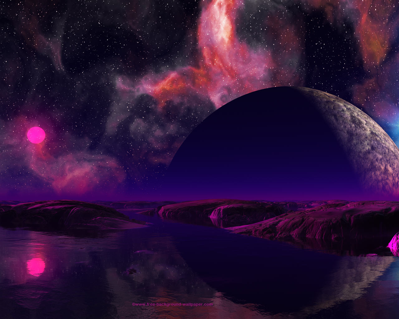 Pink Sun Over Water Planet Space Desktop Wallpaper   1280x1024 pixels