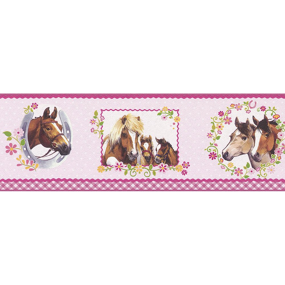 DOTTY ABOUT HORSES bedroom WALL BORDER wallpaper strips pink blue lilac horse 