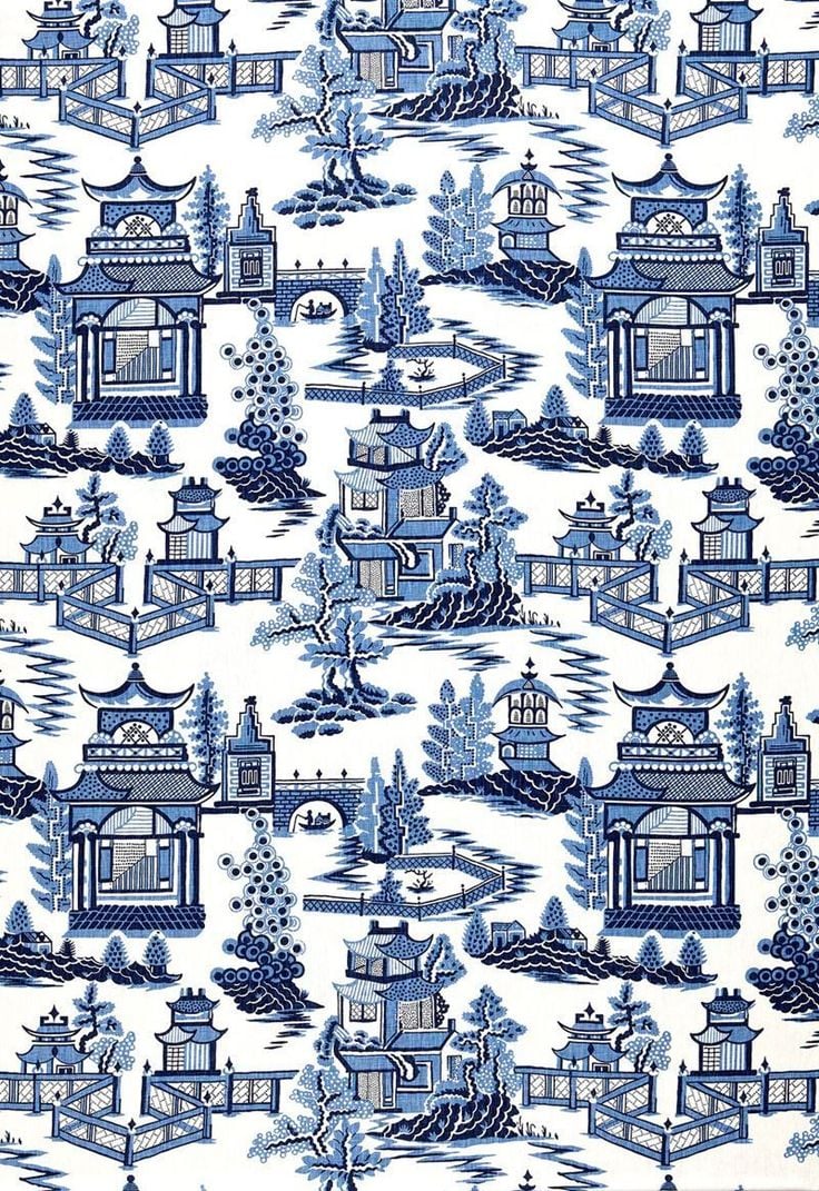 Schumacher chinoiserie pagoda toile linen fabric 10 yards blue Linen