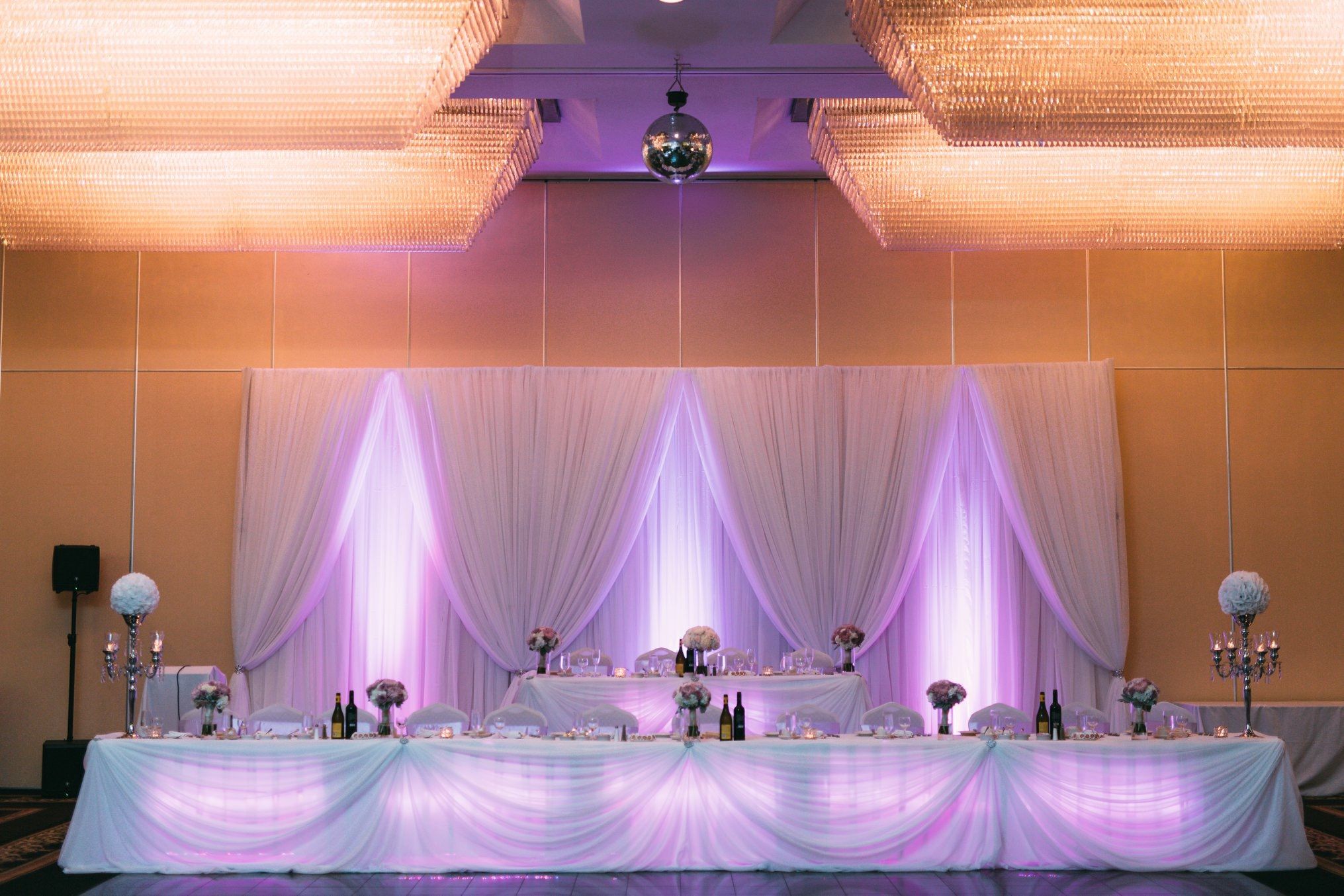 Head Table Backdrop Purple Uplighting White Sheer Drapery Photo