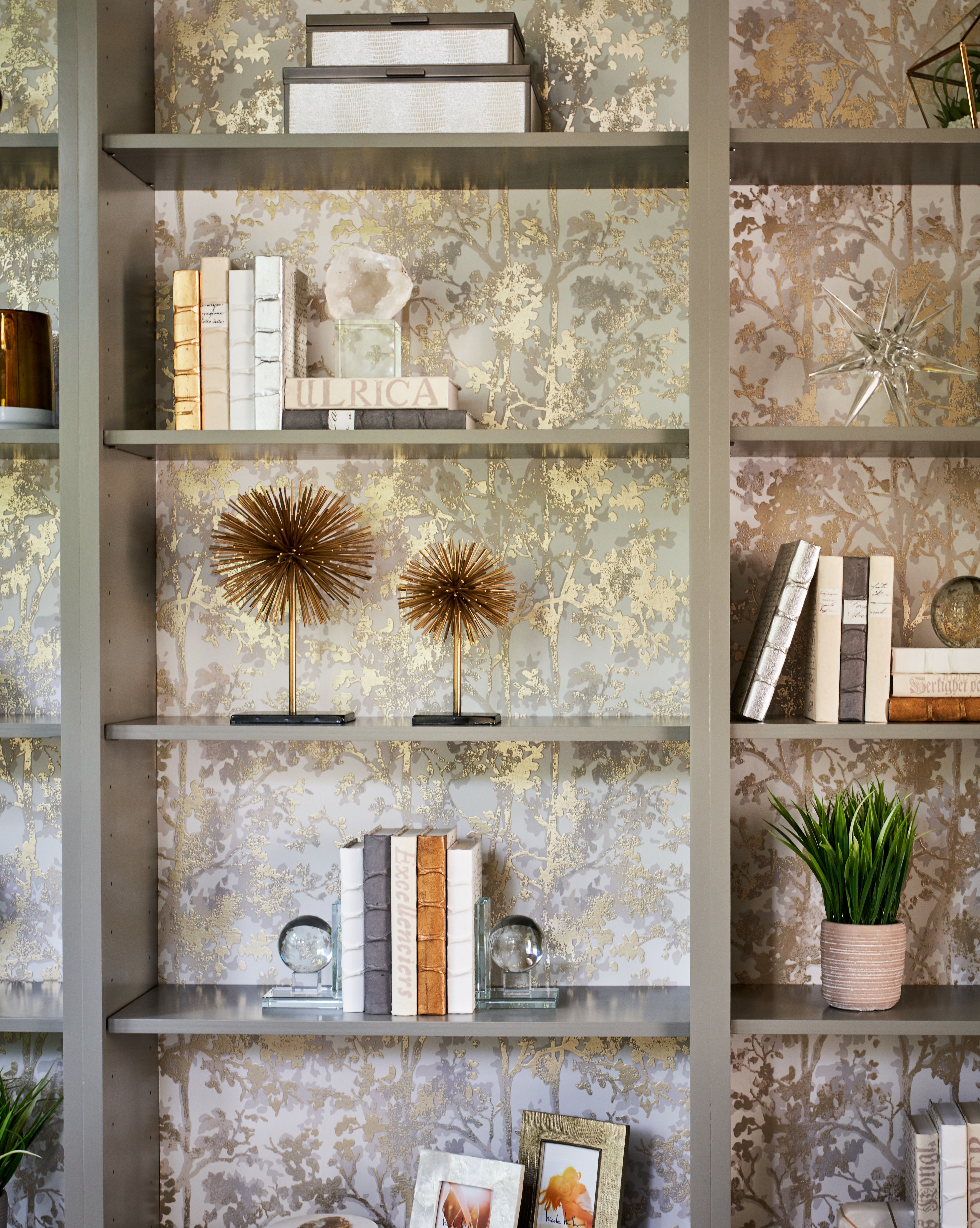 Metallic Wallpaper On Bookcase Back Home Office