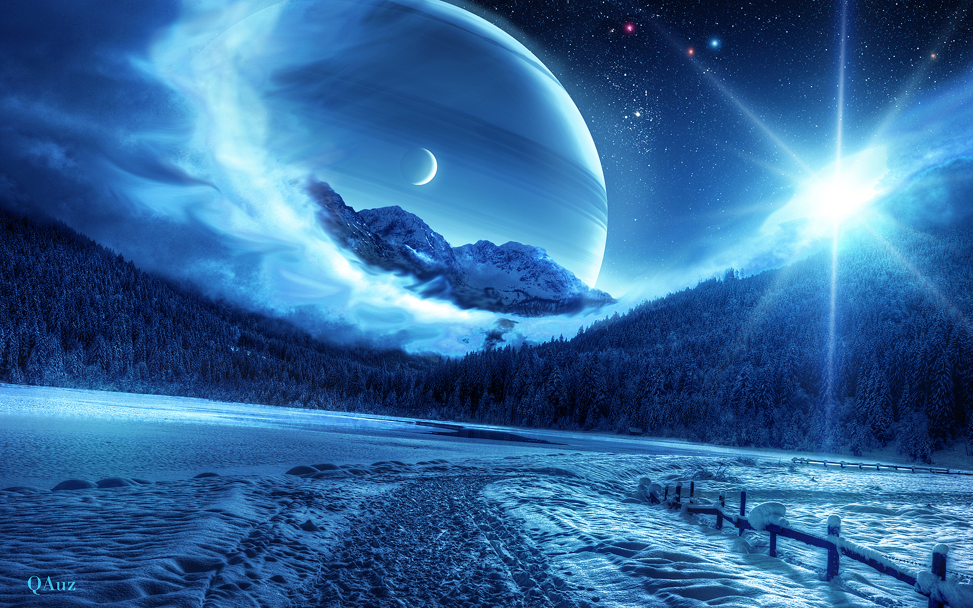 Winter Night Sun Moon Stars Road Wallpaper And Image