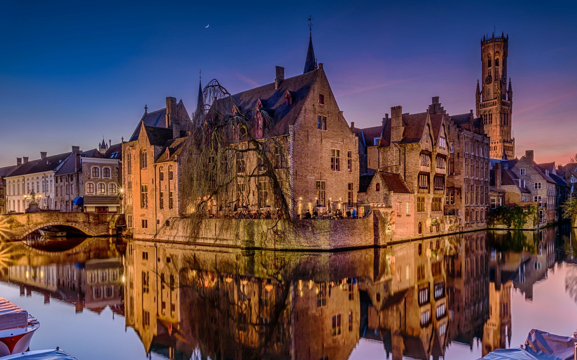 Wallpaper Bruges Belgium Night River Houses Lights