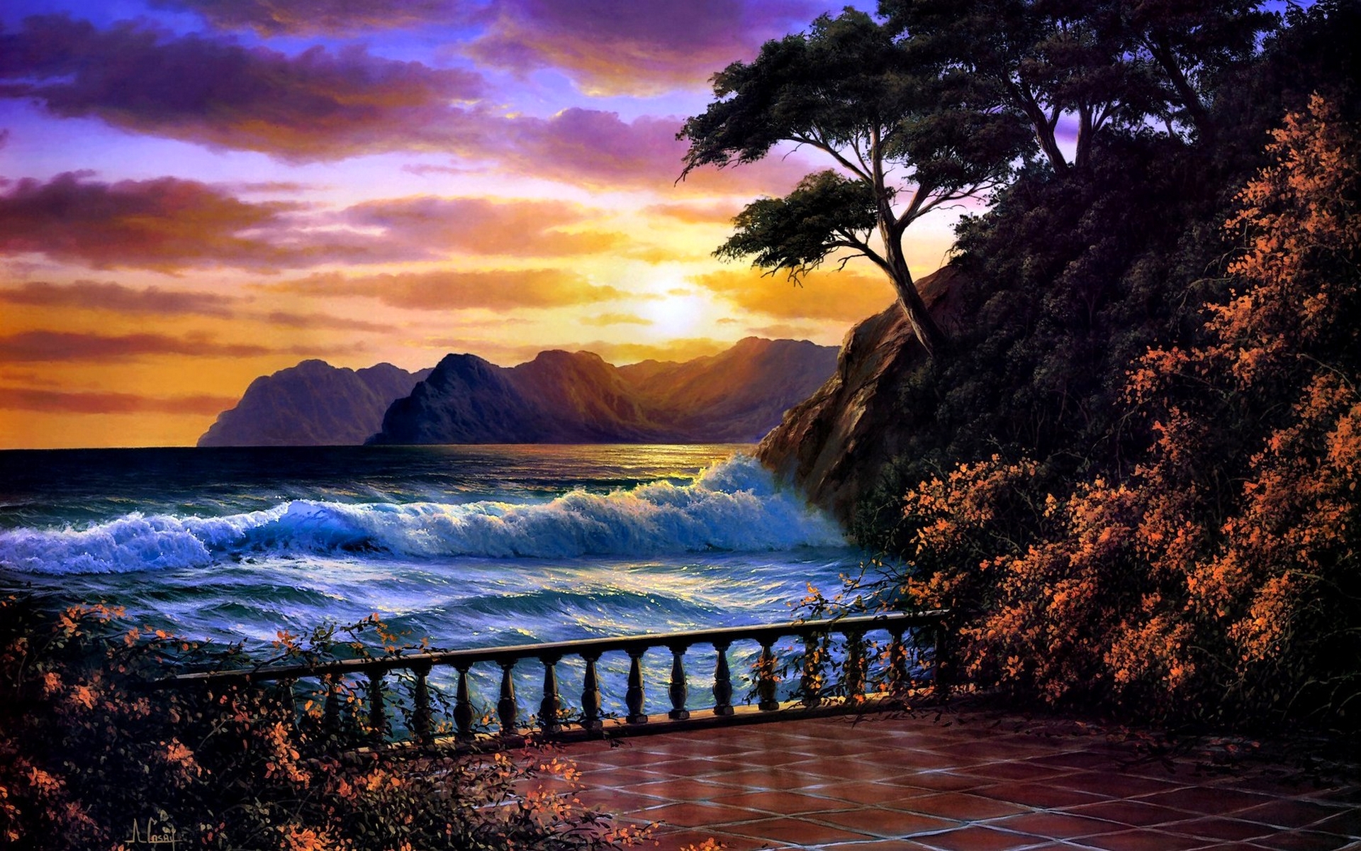 A breathtaking sunset over a tranquil ocean, viewed from a balcony overlooking the water. The warm hues of the setting sun paint the sky and reflect on the waves. A lone tree clings to the cliffside, adding to the serene and picturesque scene