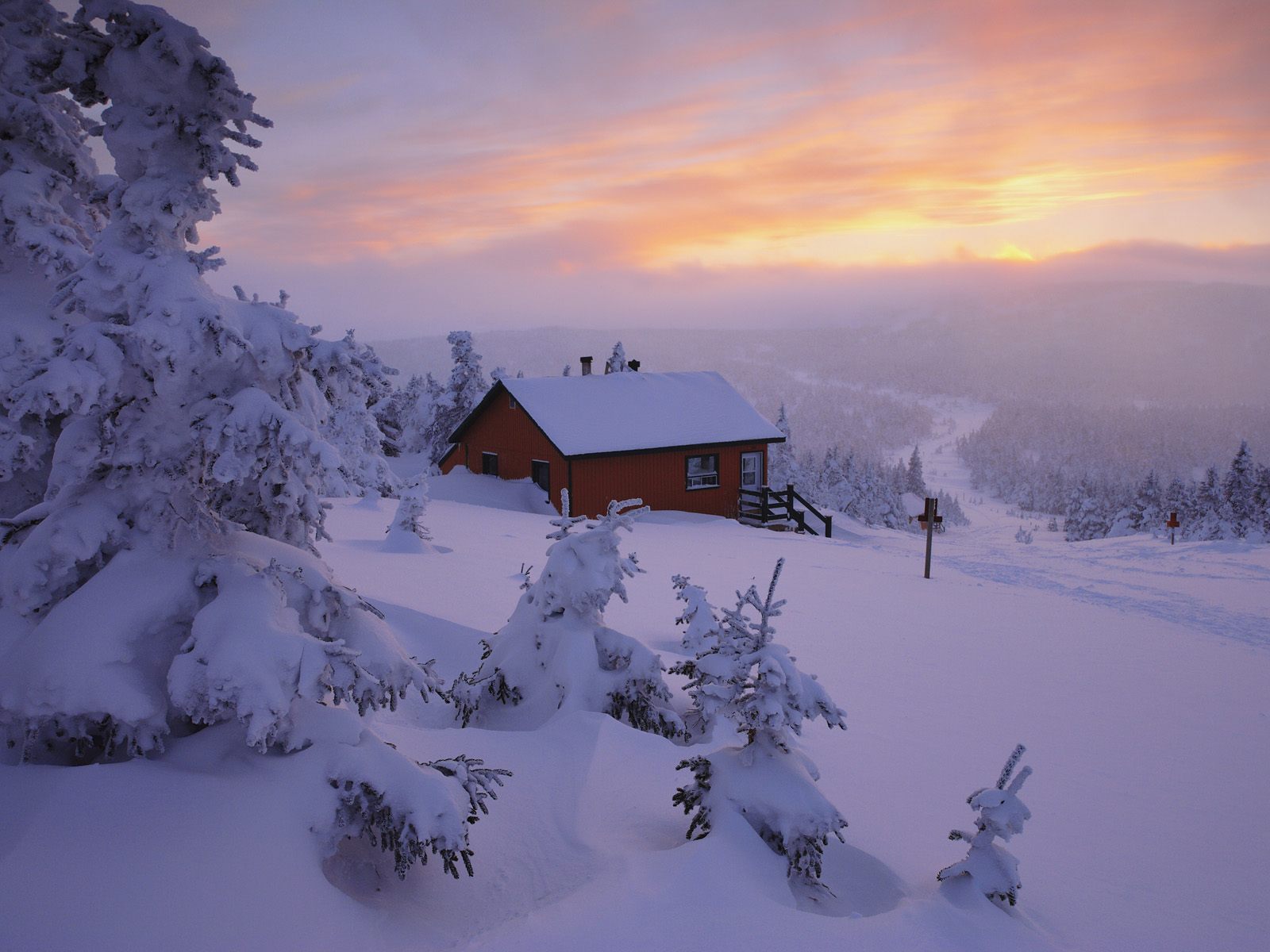 Mountain Cabin In The Snow Desktop Wallpaper
