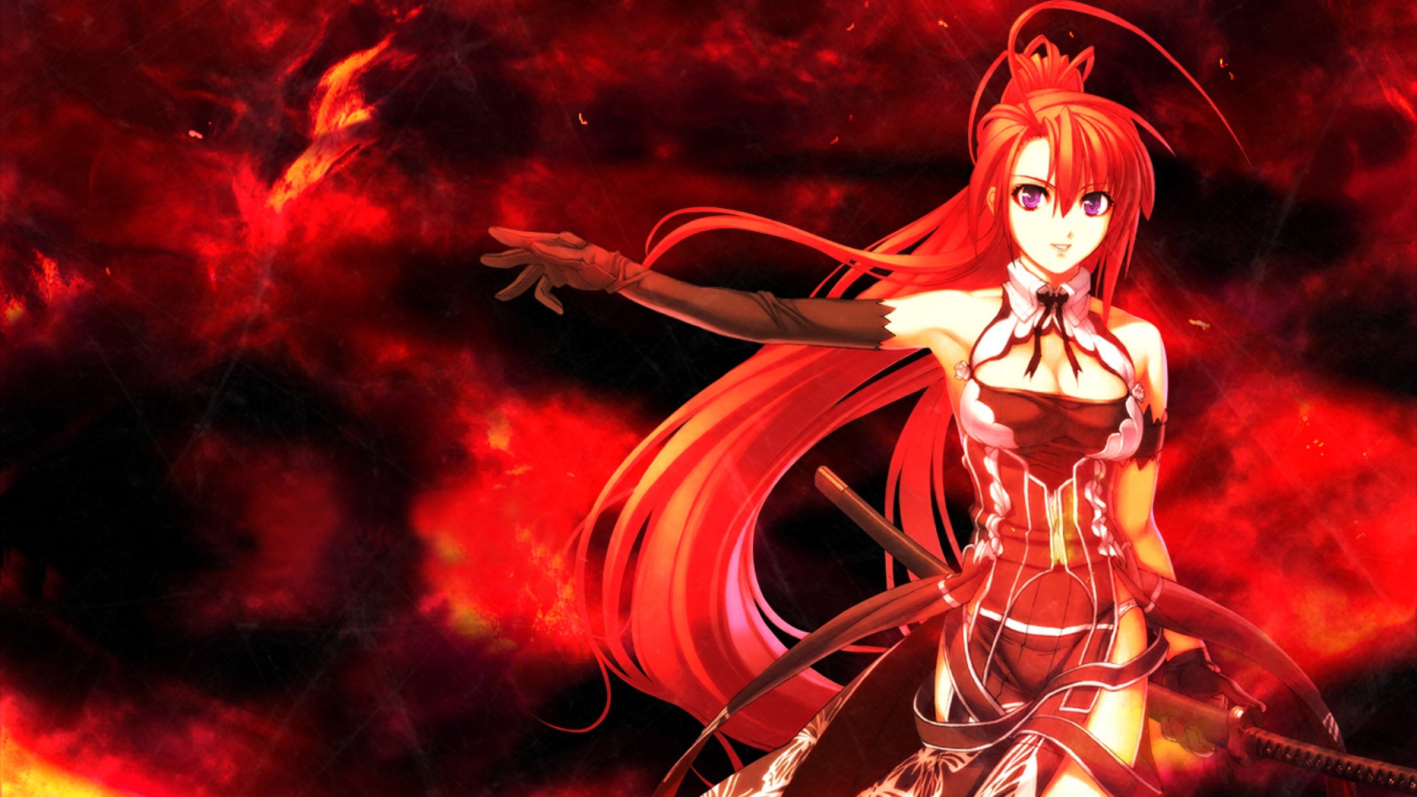 Download Wallpaper 2048x1152 anime girl red hair sword background