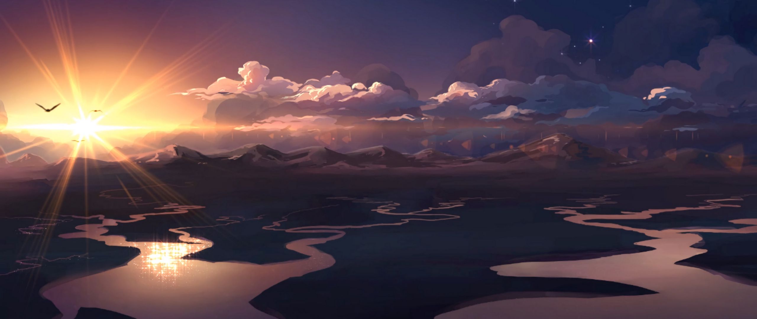Wallpaper Sunlight Horizon Art Birds Dual Wide