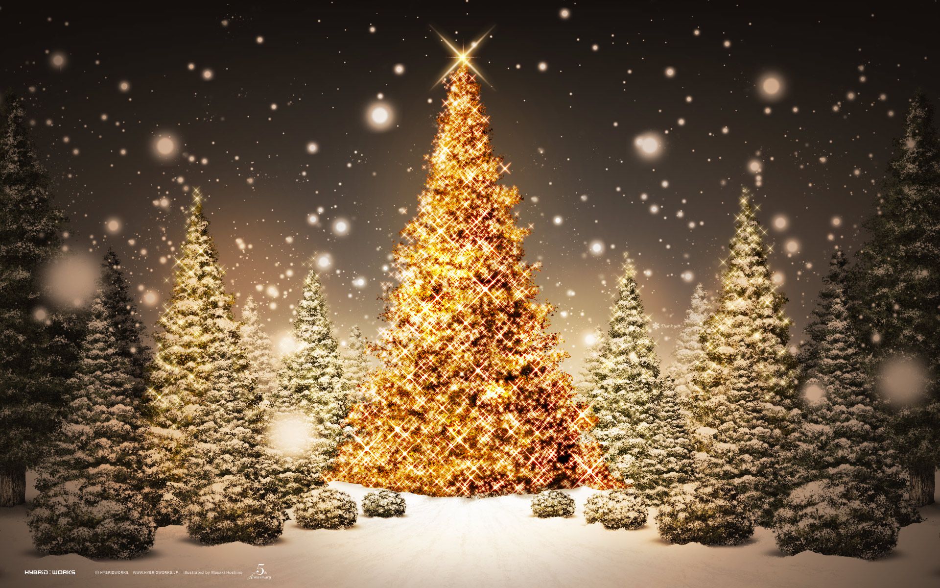 A golden Christmas tree illuminated at night, surrounded by snow-covered evergreens, evokes a magical holiday scene