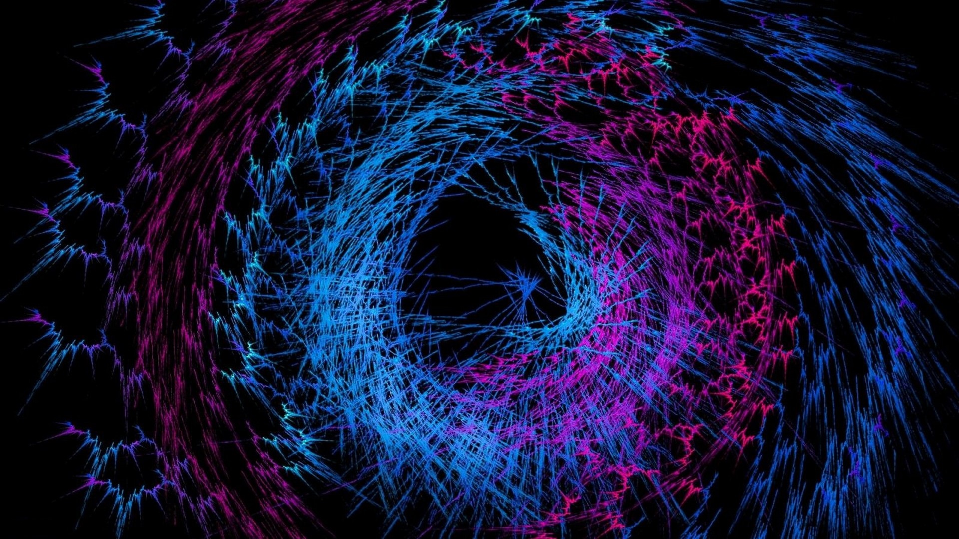 Abstract neon blue and pink fractal vortex design on black background