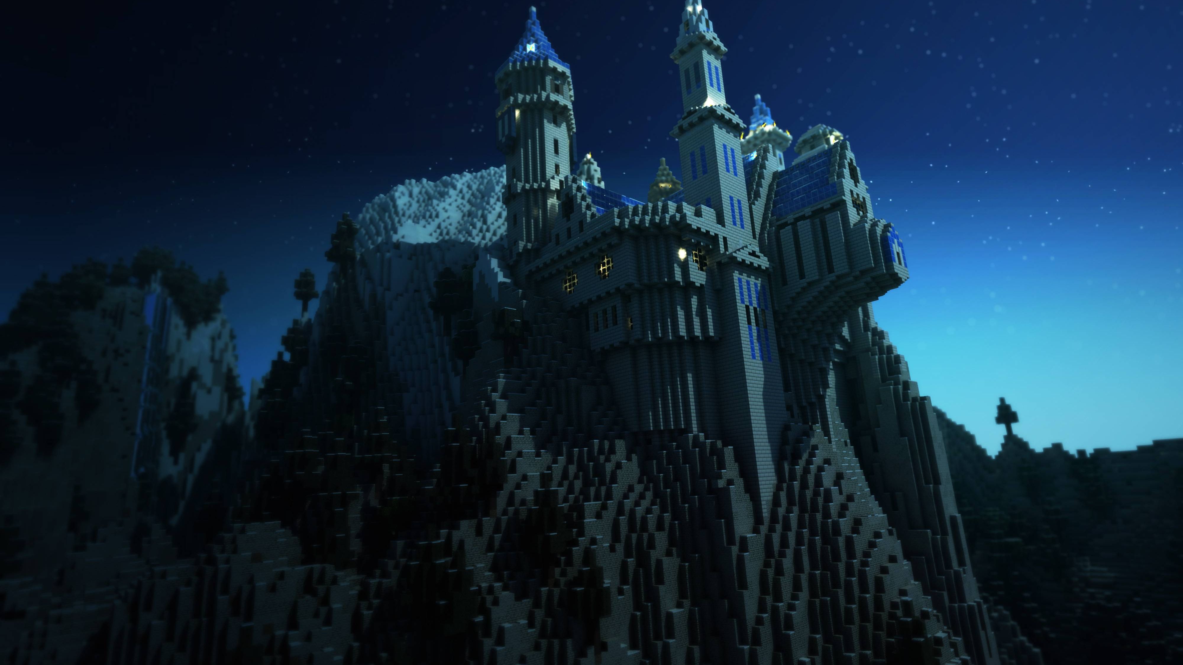 A majestic Minecraft castle perched atop a mountain at night, illuminated by the starry sky