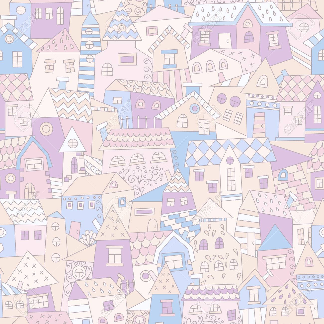 Doodle Hand Drawn Town Seamless Pattern Pastel Abstract Wallpaper