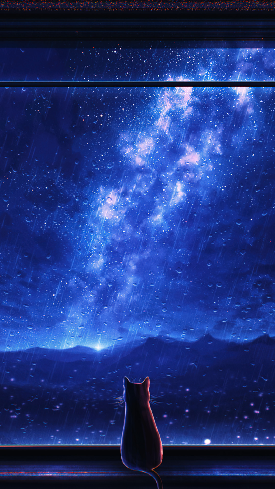 Stargazing Cat Starry Stars Night Sky Anime Art HD 4k Wallpaper