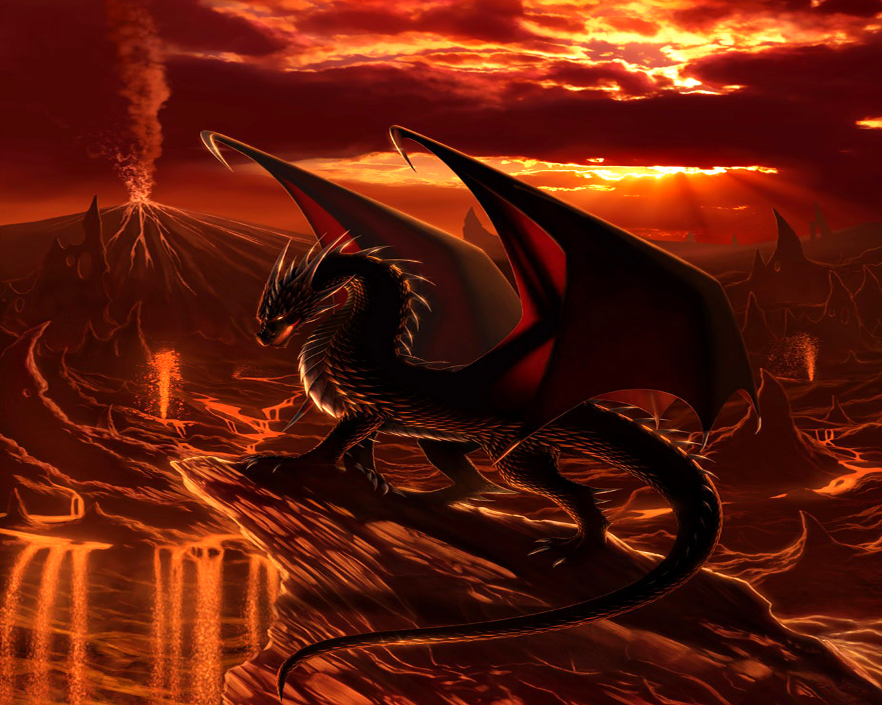 Red Dragon In Volcano Wallpaper HD High Resolution