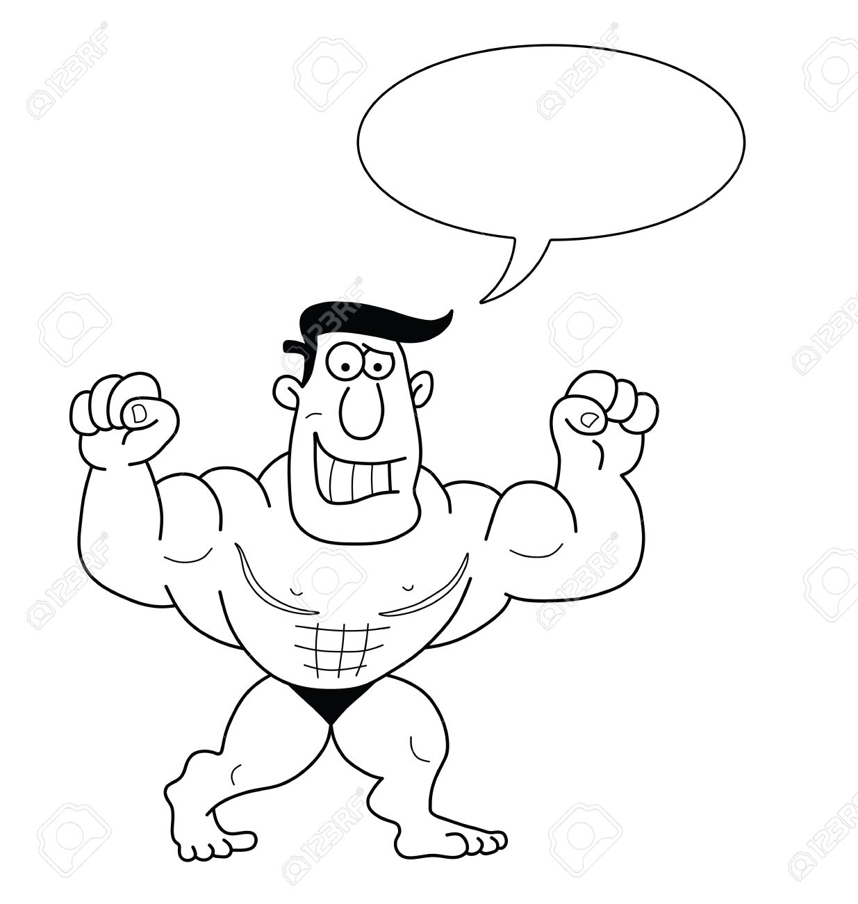 Monochrome Outline Cartoon Strongman With Speech Bubble For Own