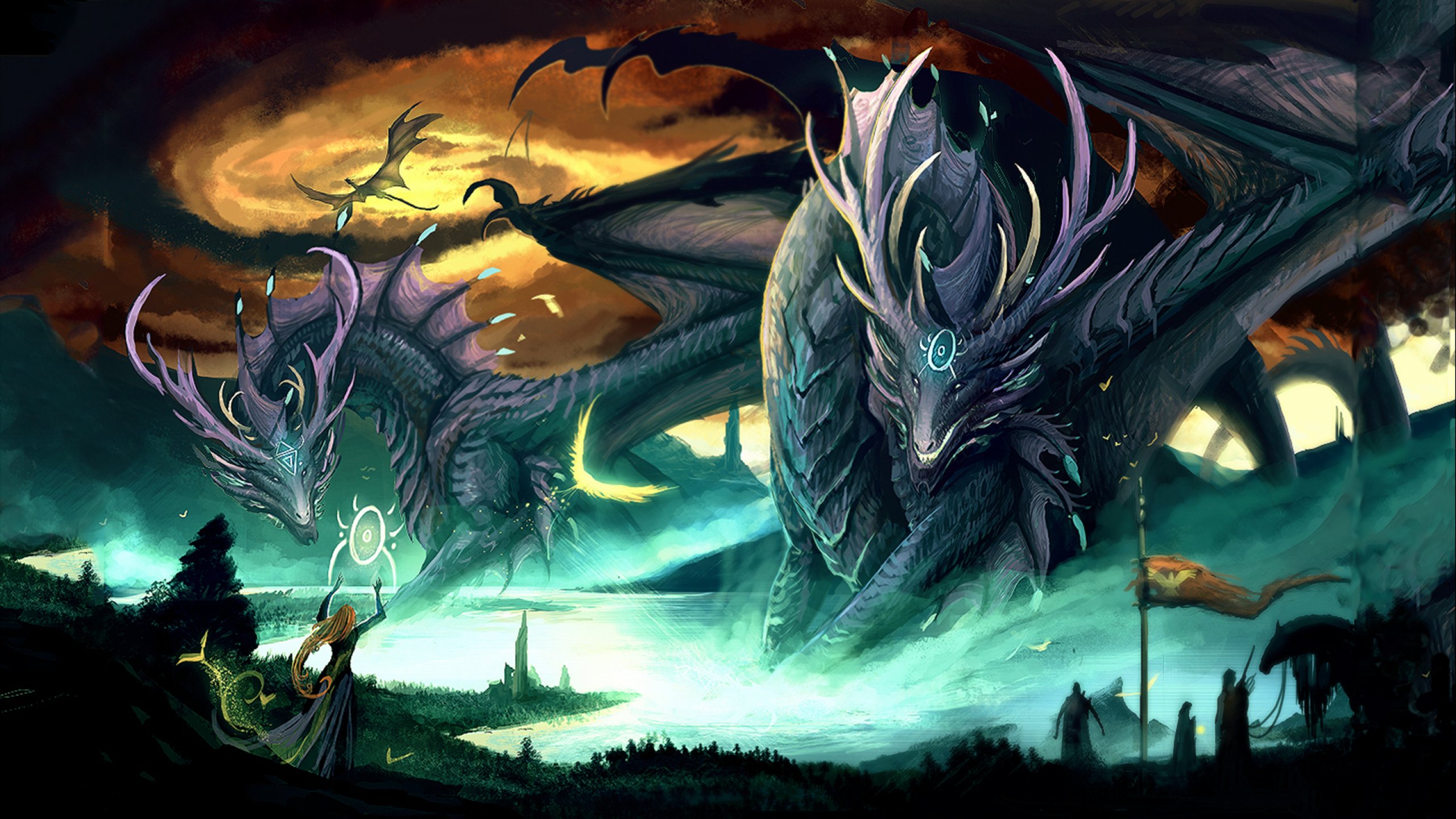 Two majestic, intricately detailed dragons dominate a fantasy landscape, one with large antlers, soaring above a river scene with a lone figure seemingly communicating with them. Swirling clouds and dynamic lighting enhance the mythical ambiance