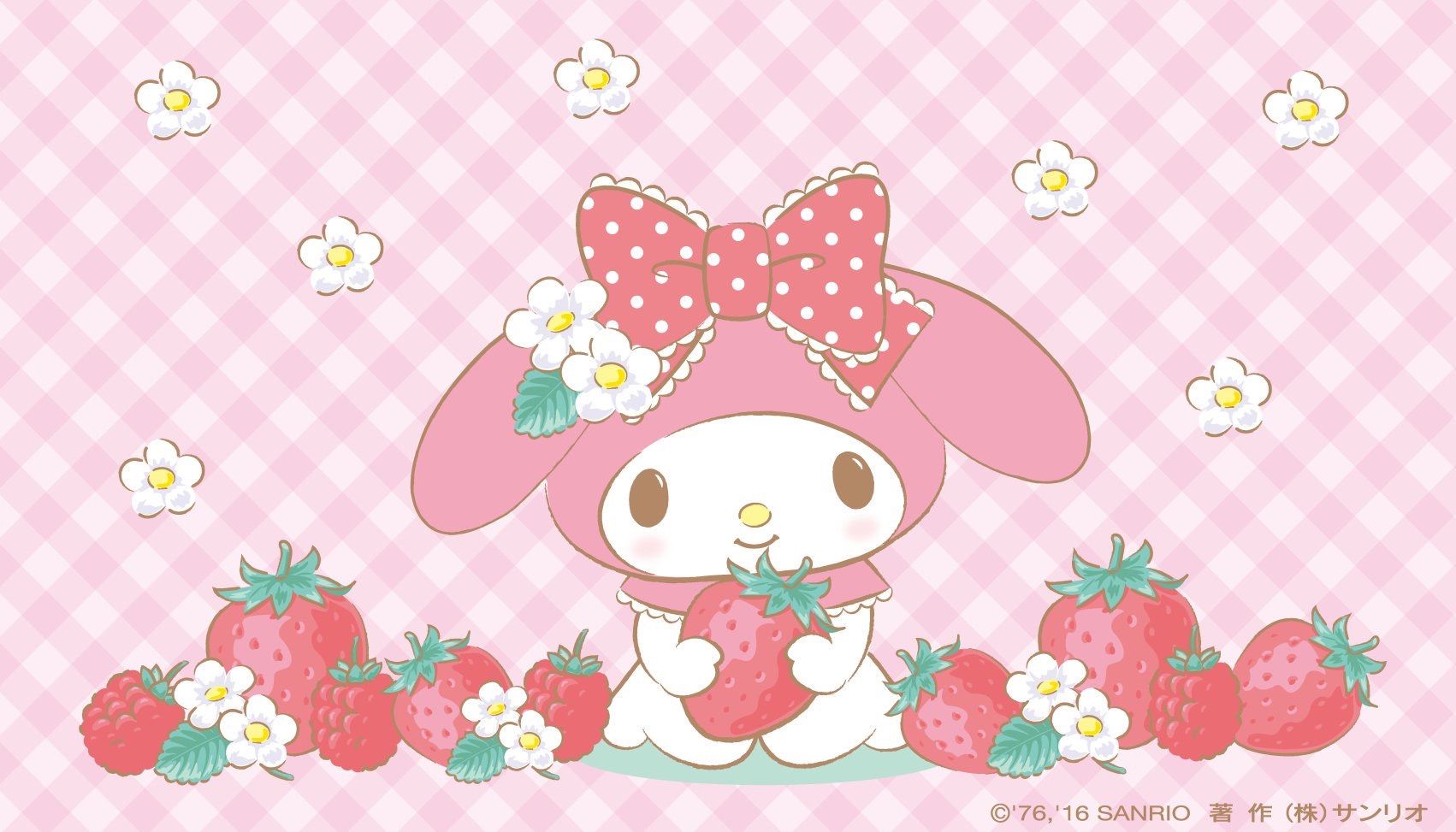 My Melody sits on a light green surface holding a large strawberry, surrounded by several smaller strawberries and raspberries against a pink gingham background with small white flowers scattered across the scene.  The Sanrio character wears her signature pink polka dot bow atop her head