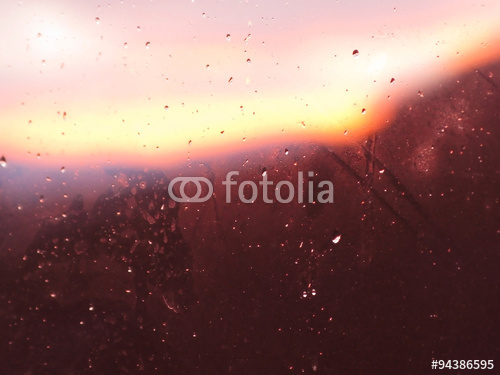Wet Window With Drops And Sunrise Light Sky Blurry Background Stock