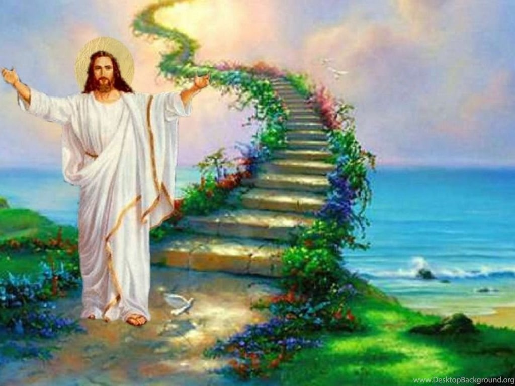 Jesus Christ with open arms standing at the start of a stairway to heaven, a symbolic representation of salvation and the Christian faith