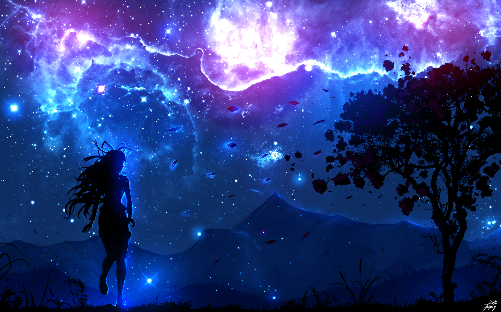 Digital Art Landscape Trees Night Anime Girls Sky Wallpaper HD