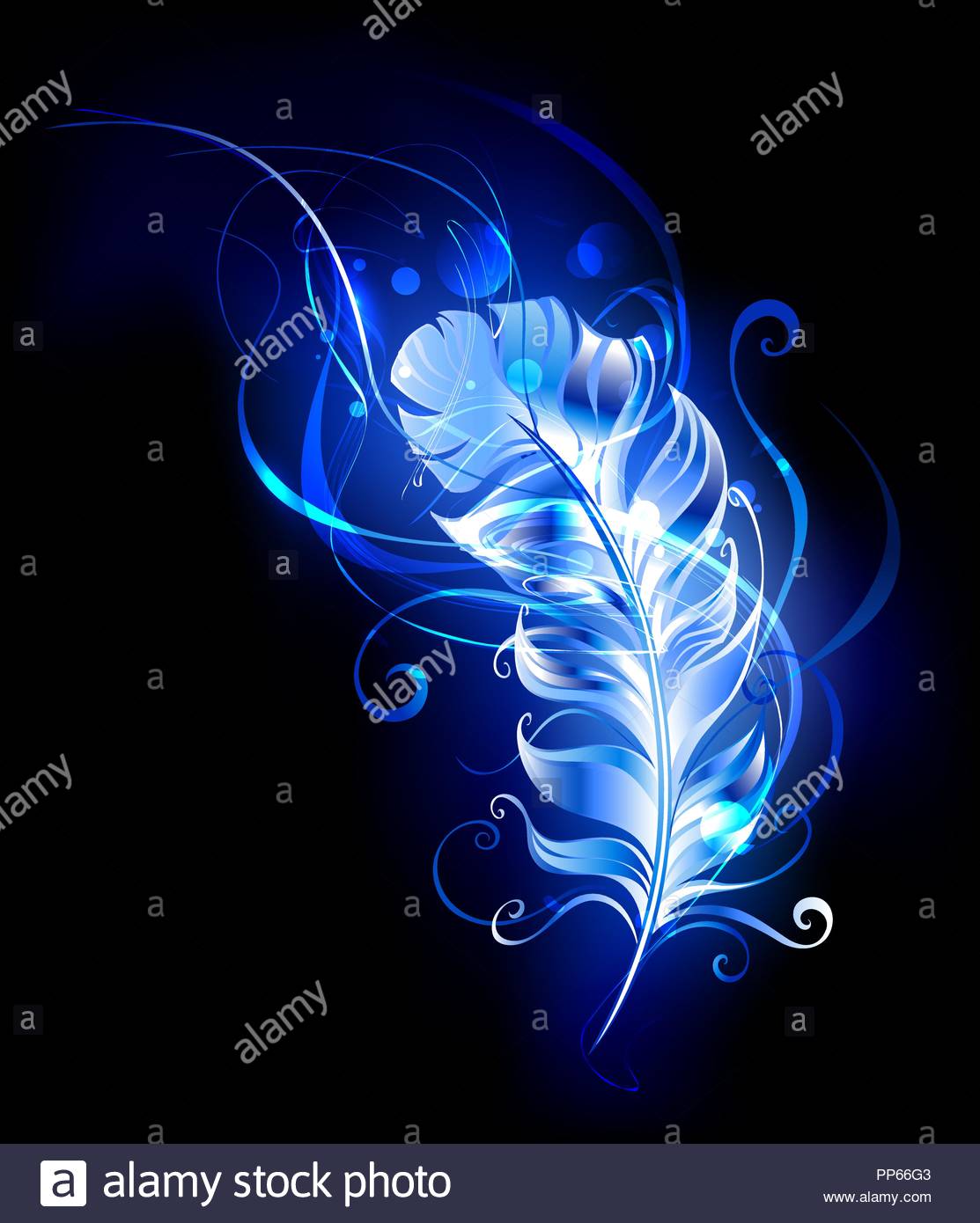 Fluffy Luminous Feather From Blue Flame On Black Background Stock