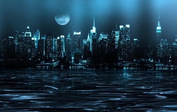 City night river moon sky skyscrapers wallpapers photos