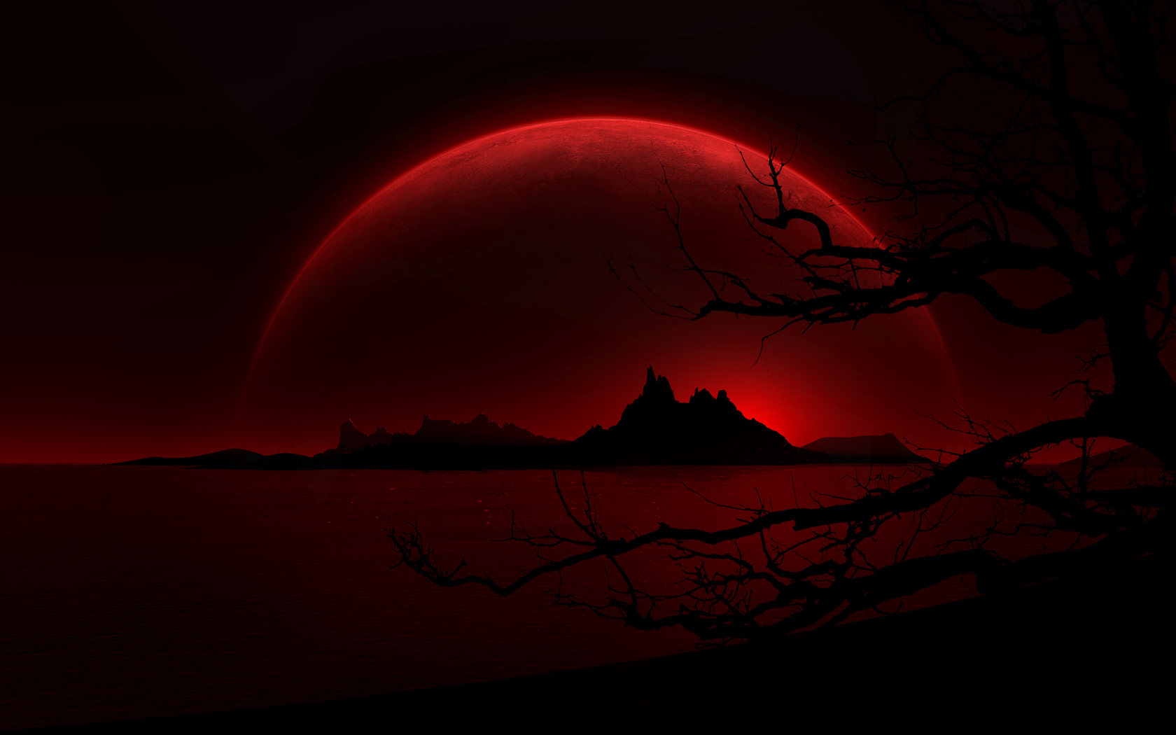 A dark and moody landscape with a blood-red moon, silhouetted mountains, and bare tree branches in the foreground