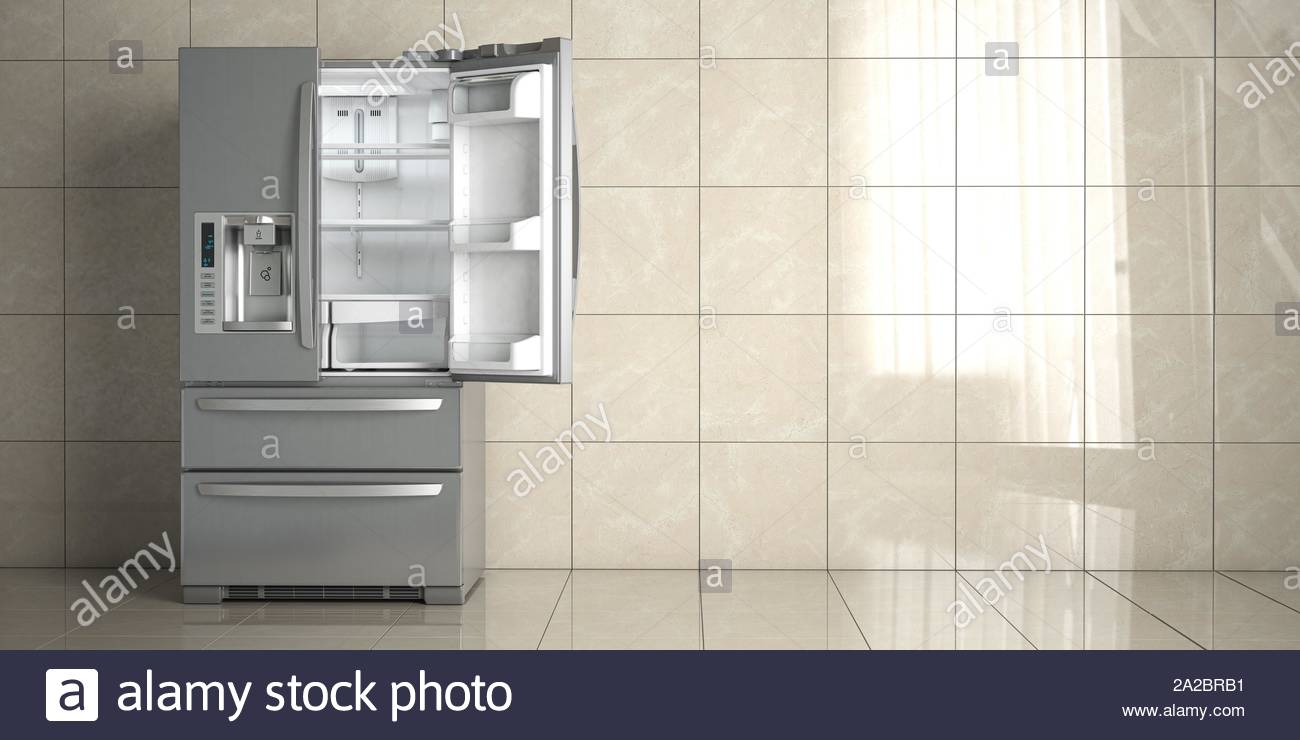 Side By Stainless Steel Refrigerator On White Ceramic Tile