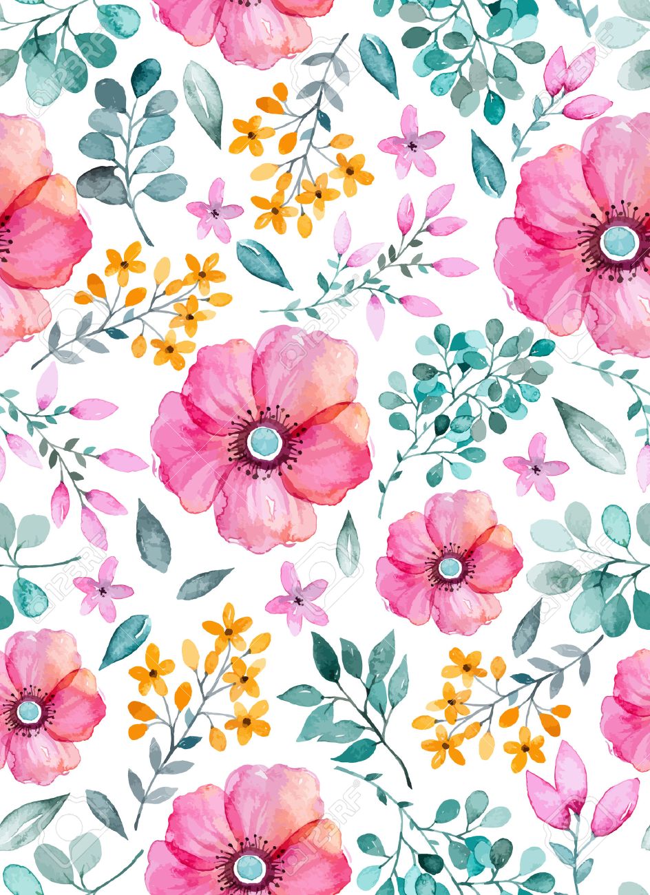 Watercolor Floral Seamless Pattern With Flowers And Leafs