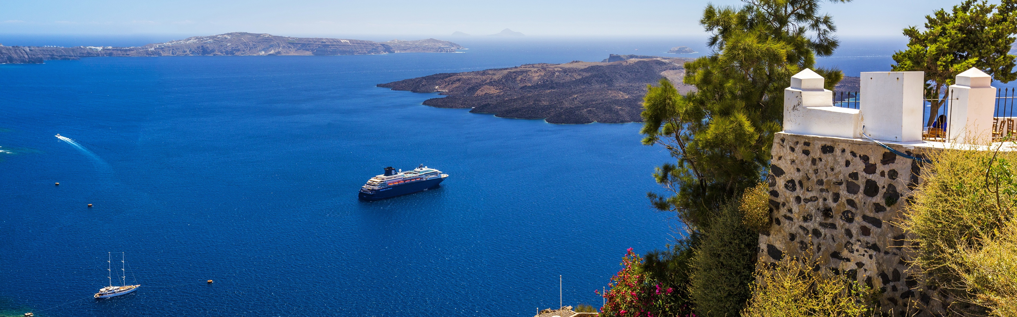 Wallpaper Greece Santorini Coast Yachts Blue Sea UHD