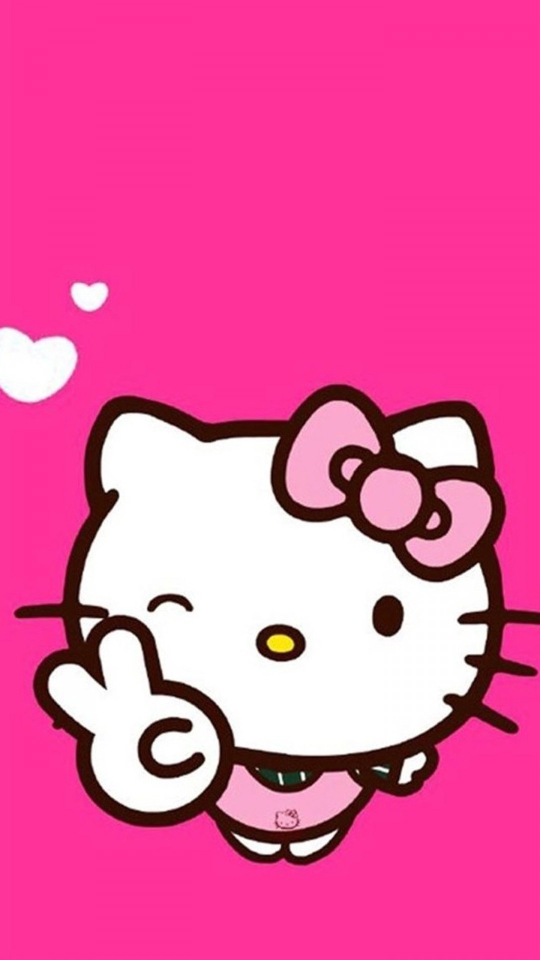 Hello Kitty making a peace sign against a vibrant pink background