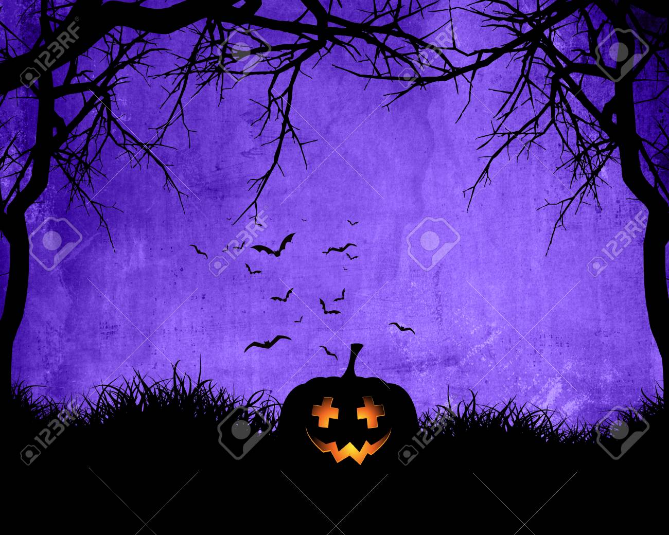 Halloween Background With Pumpkin On Purple Bats