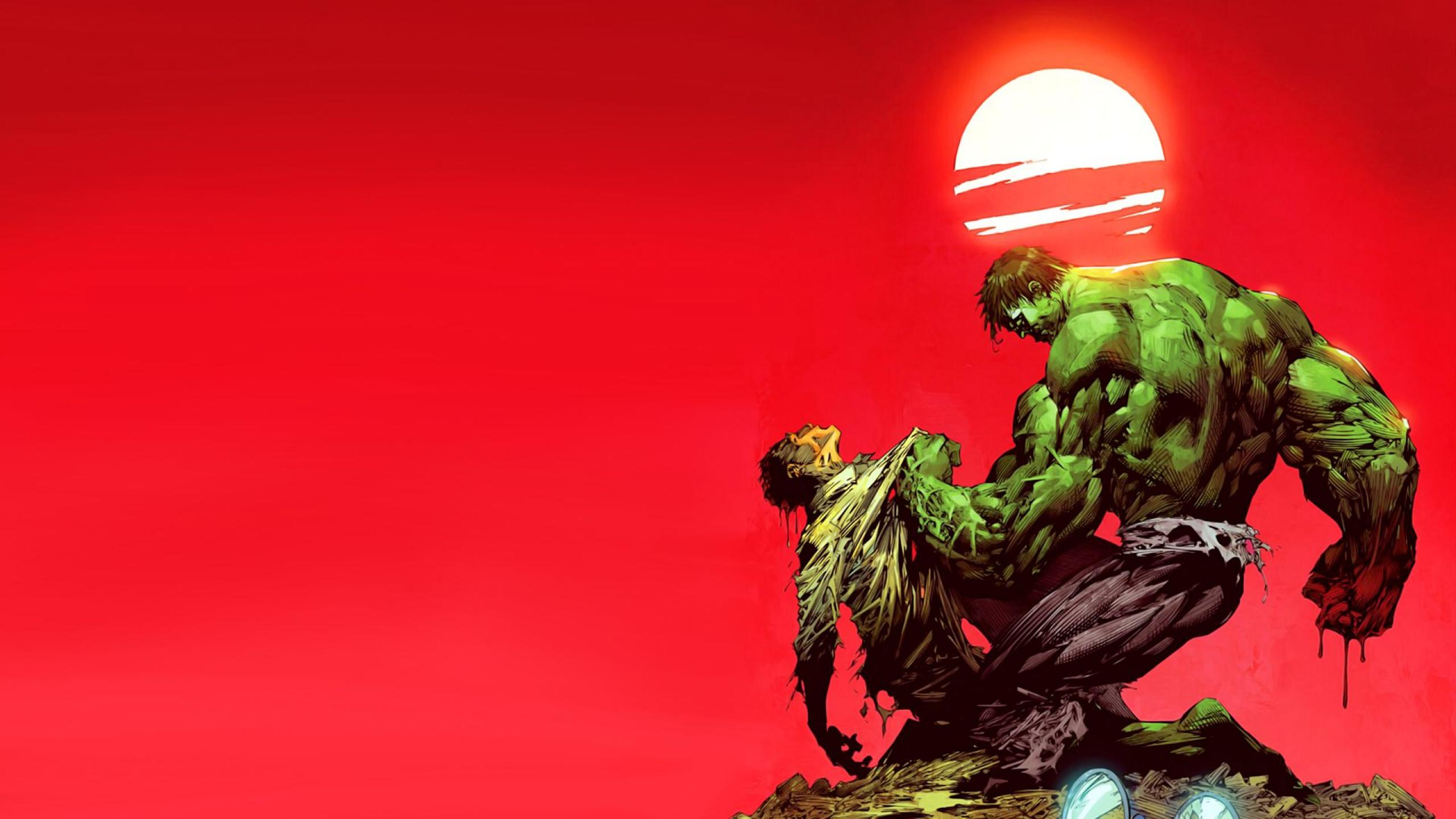 The Hulk looms over a fallen figure against a stark red backdrop, a white orb hovering in the sky. This dramatic image captures the raw power and intensity of the Hulk