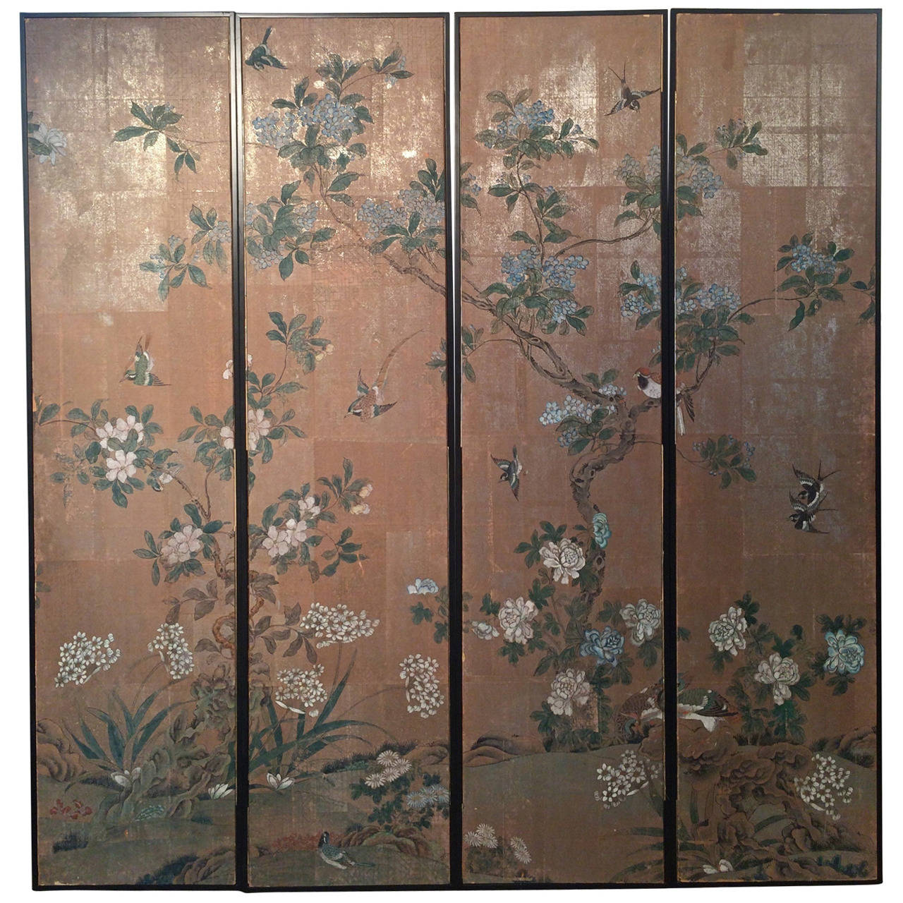 Four Framed Vintage Gracie Chinoiserie Wallpaper Panels
