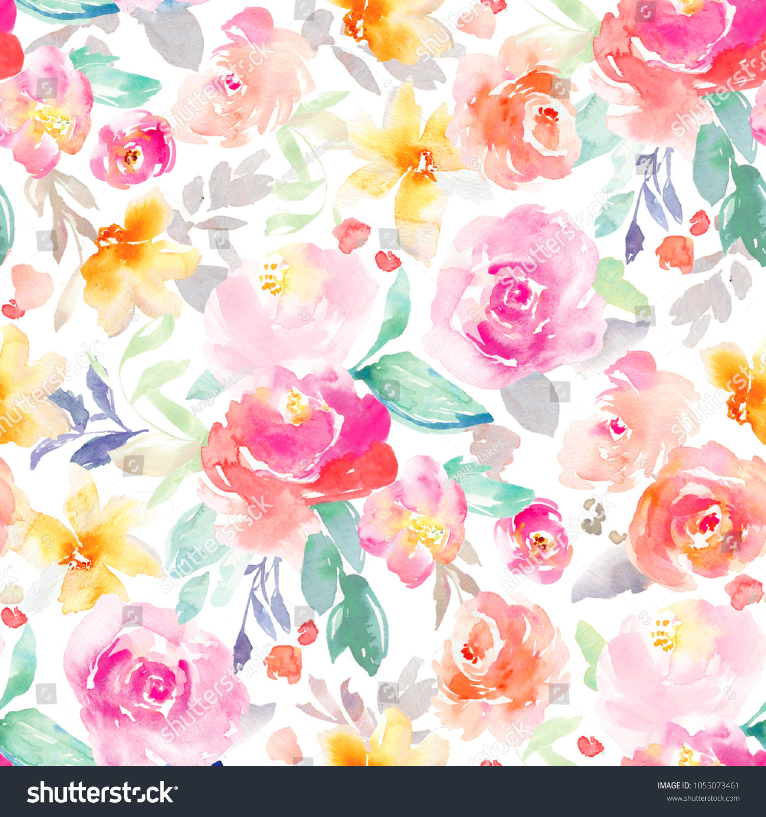 Bright Pink Yellow Girly Watercolor Flowers Stock Illustration 1500x1600