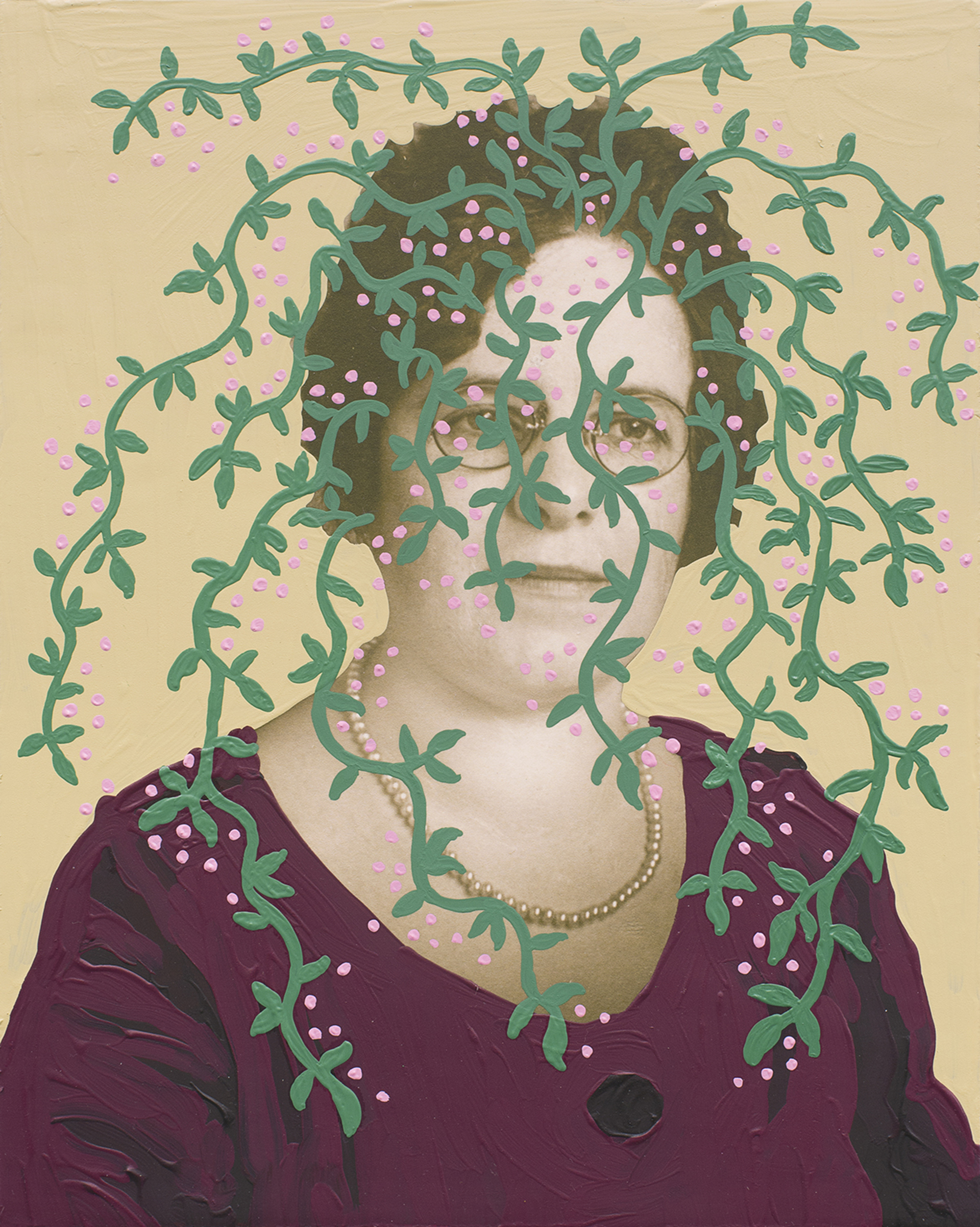 Untitled Woman With Green Vines And Cream Background By Daisy