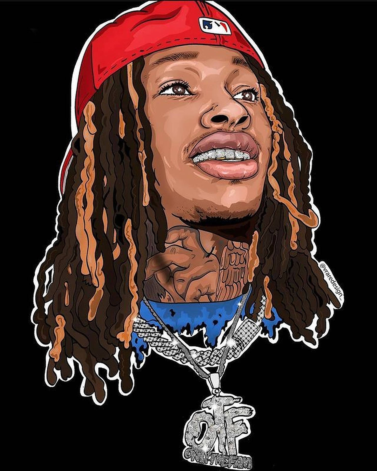 A cartoon drawing of King Von wearing a red baseball cap, dreadlocks, and a diamond chain with 