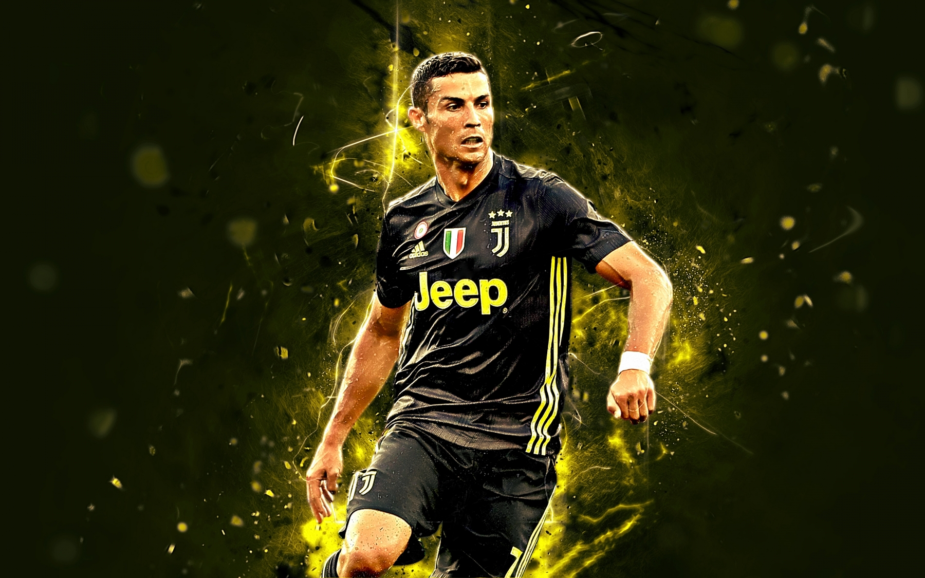 Cristiano Ronaldo in a black Juventus jersey, dynamically running with a determined expression during a football match. This striking image captures his athleticism and focus