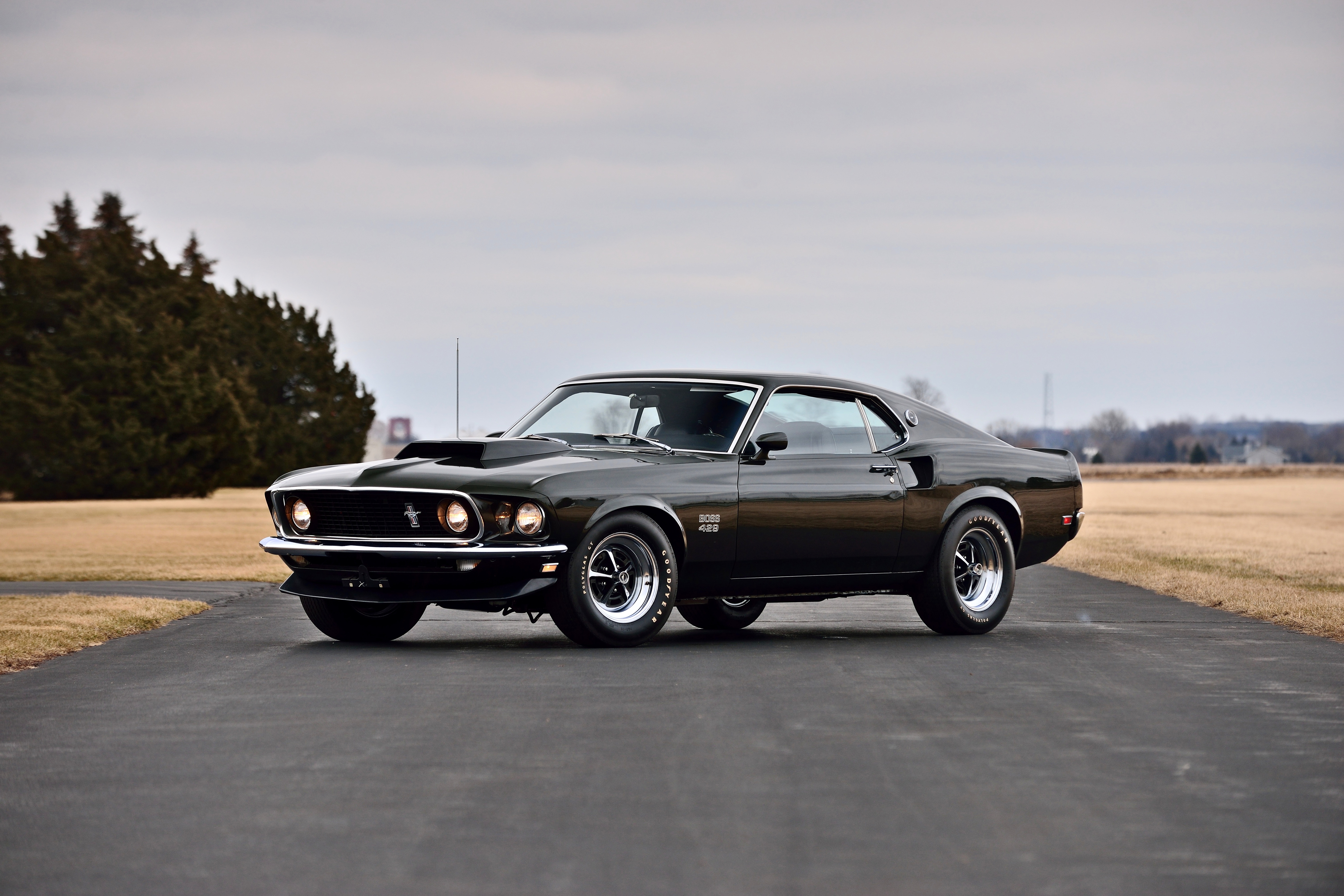 A classic black 1969 Ford Mustang Boss 429 parked on a paved road, showcasing its iconic muscle car design