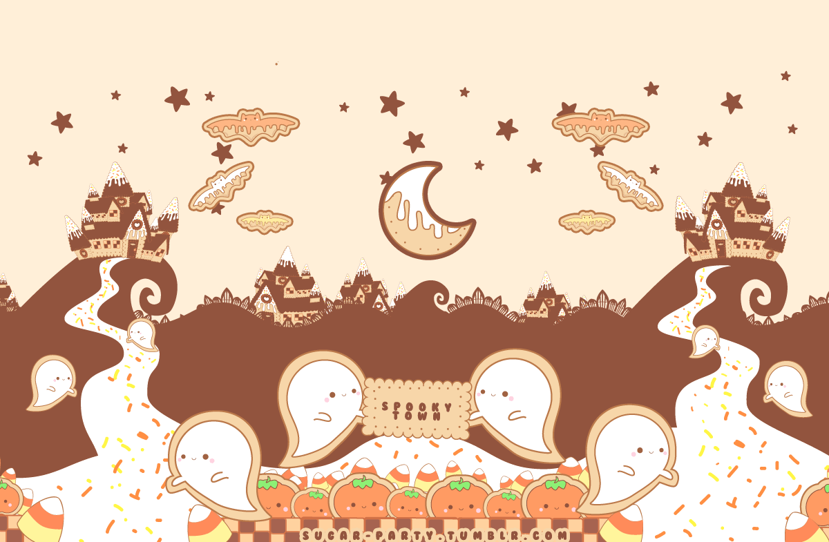 A kawaii Halloween scene with gingerbread houses, ghost cookies, candy corn, and pumpkins on a checkered background