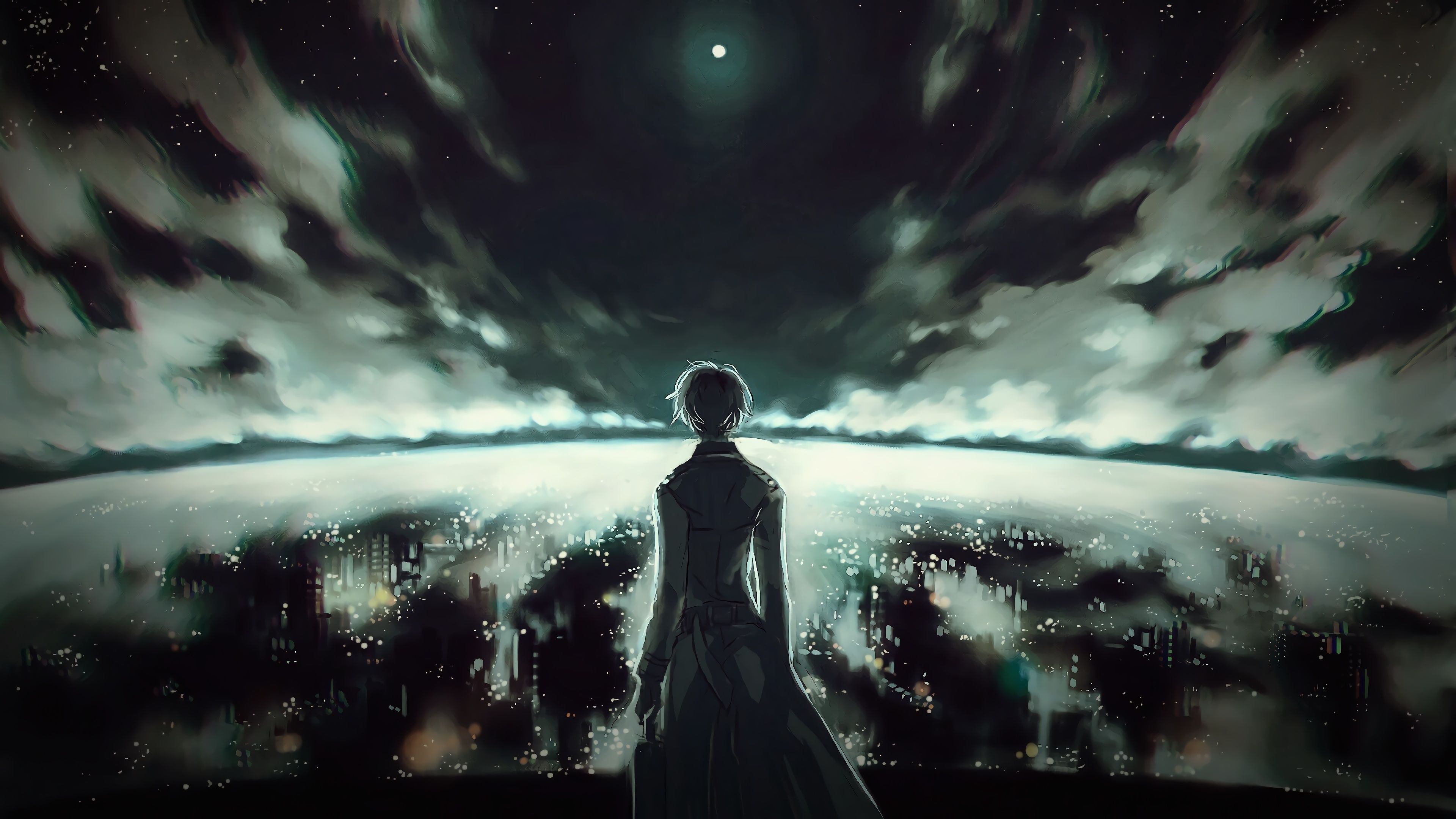 A lone anime figure stands with their back to the viewer, overlooking a sprawling cityscape under a night sky with a bright moon and dramatic clouds
