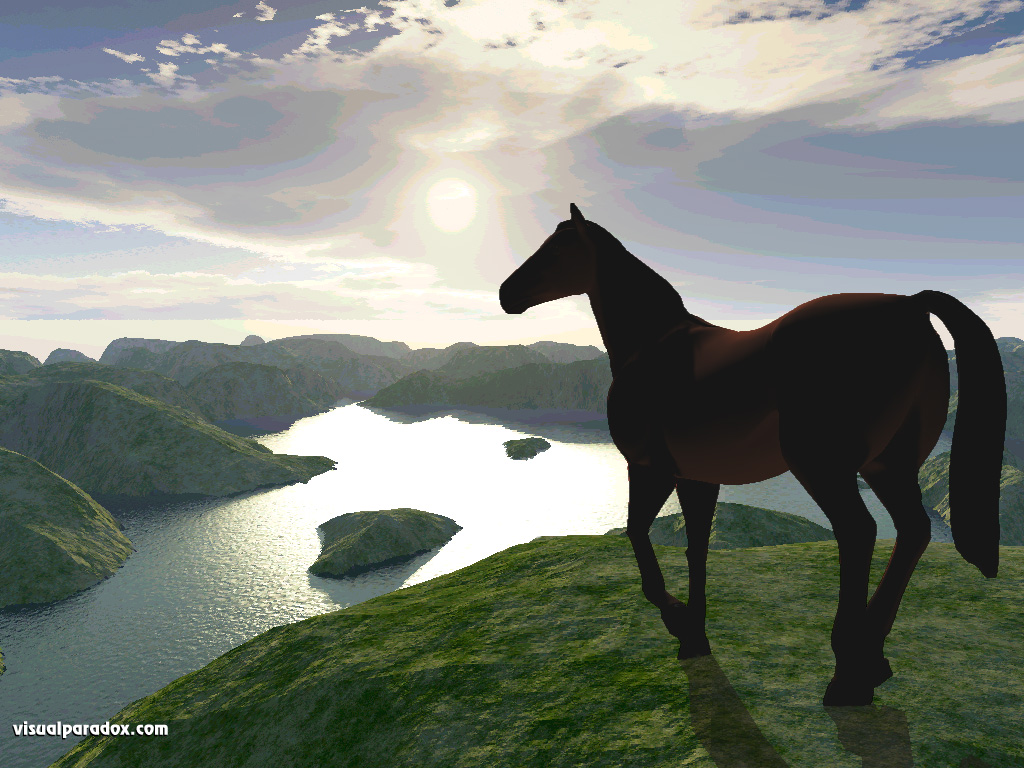 Ocean Sunset Rise Rays Horses Animal Animals 3d Wallpaper