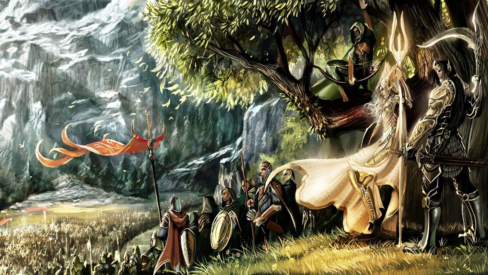 A stunning depiction of a Lord of the Rings battle scene, with elves, dwarves, and men preparing for war against a backdrop of majestic mountains and ancient trees