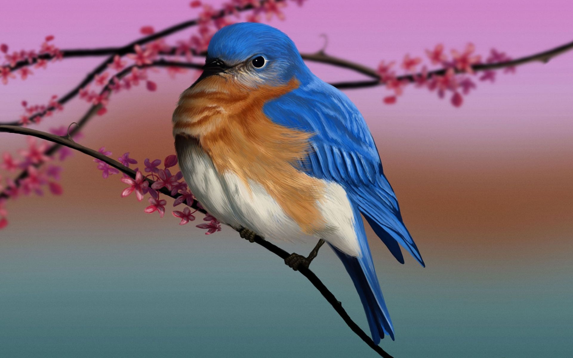 A vibrant bluebird perched on a flowering branch against a soft pastel background