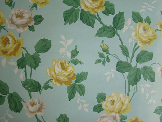 Vintage Wallpaper Yellow And White Roses On Blue Background Yard