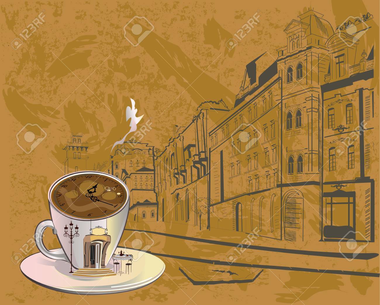Cafe Background Decorated With Old Town S And An Abstract