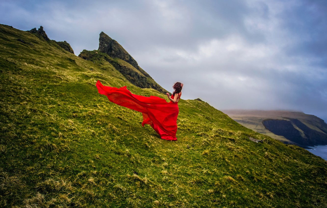 Wallpaper girl coast Denmark red dress Faroe Islands Faroe
