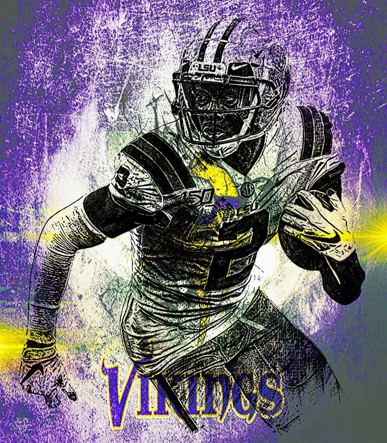 Dynamic illustration of Justin Jefferson, wide receiver for the Minnesota Vikings, in action