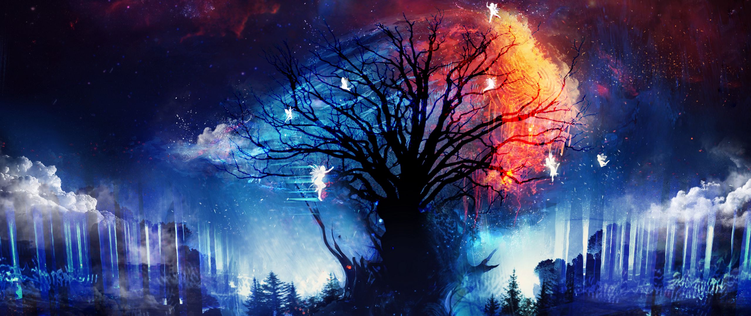 Wallpaper Tree Fairies Art Silhouettes Night